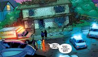 Ben Grimm, Johnny and Sue Storm in front of destroyed Richards&#039; home Earth-1610