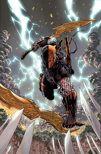 deathstroke with the god killer as two large swords