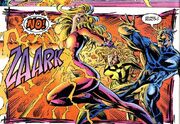 Crystalia Amaquelin (Earth-616) and Quicksilver saved by the future Luna Maximoff impostor from Avengers Vol 1 394