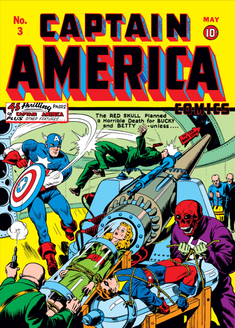 Picture of the comic cover, featuring Captain America running while carrying his iconic shield.