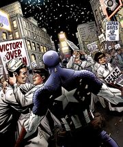 Steven Rogers (Earth-616) Captain America on V-Day circa 1945 from Captain America Man Out of Time Vol 1 4