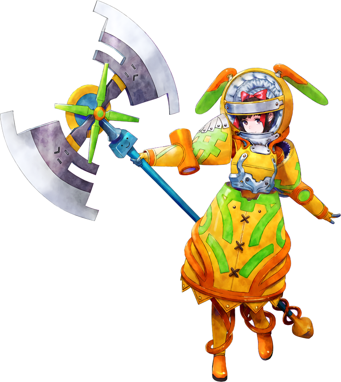 Little girl in armor with doll joints and rabbit ears