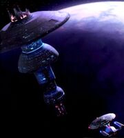 USS Enterprise-D approaches an Earth Spacedock type starbase