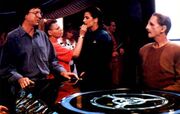 Terry Farrell make-up tweak during Emissary production