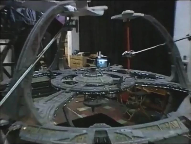 Image Deep Space Nine studio model with camera test models of the USS EnterpriseD and a Galor