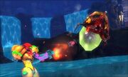 Samus disparando un misil a un Metroid Alfa msr