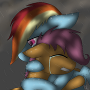268915 safe rainbow dash scootaloo crying sad hug rain scootalove artist-colon-neilikkaa