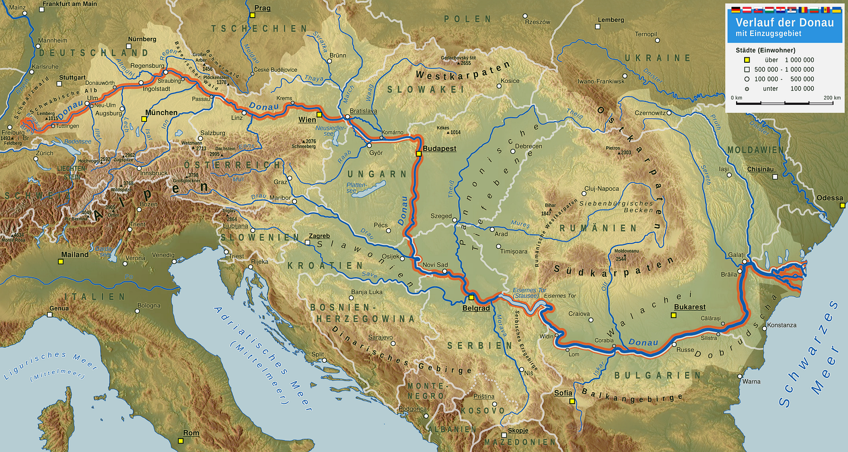 Страны через которые протекает дунай. Бассейн реки Дунай. Бассейн реки Дунай на карте. Река Дунай на физической карте. Река Дунай на карте.
