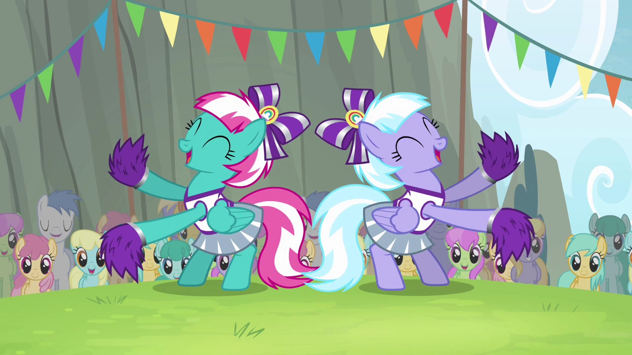 Image - Cloudsdale cheerleaders cheering for Ponyville S4E10.png | My