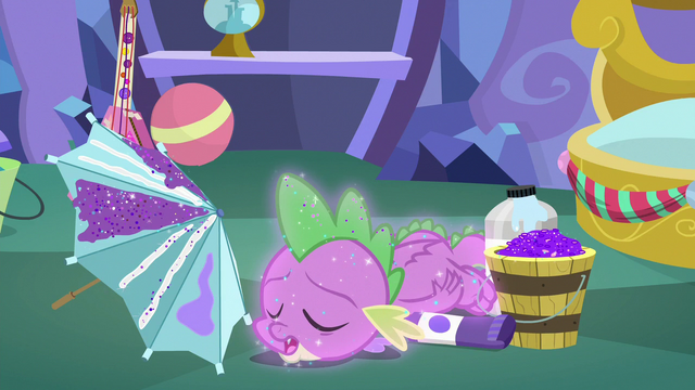 File:Spike sleeping and covered in glitter MLPBGE.png