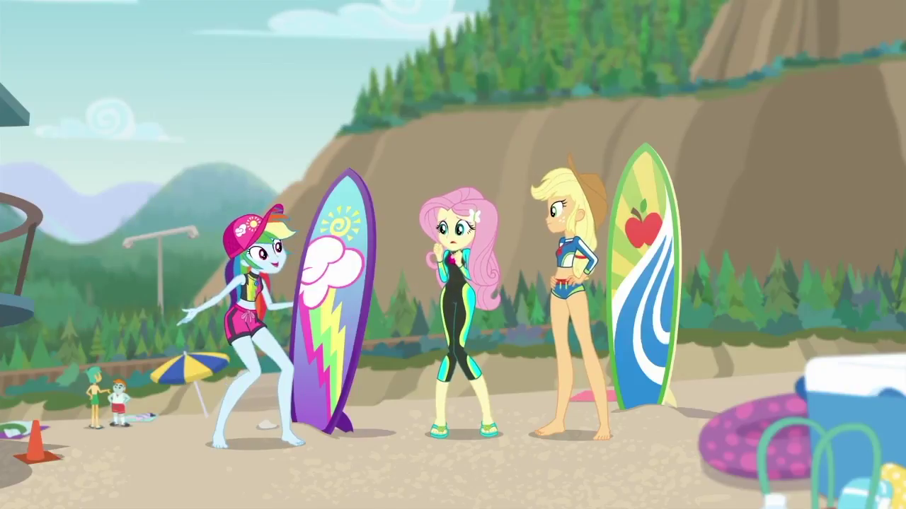 Image - Rainbow, Fluttershy, and Applejack on the beach 