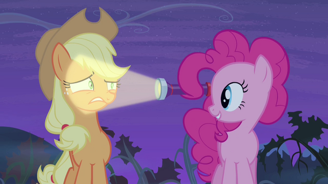 File:Pinkie Pie shines light in Applejack's face S4E07.png