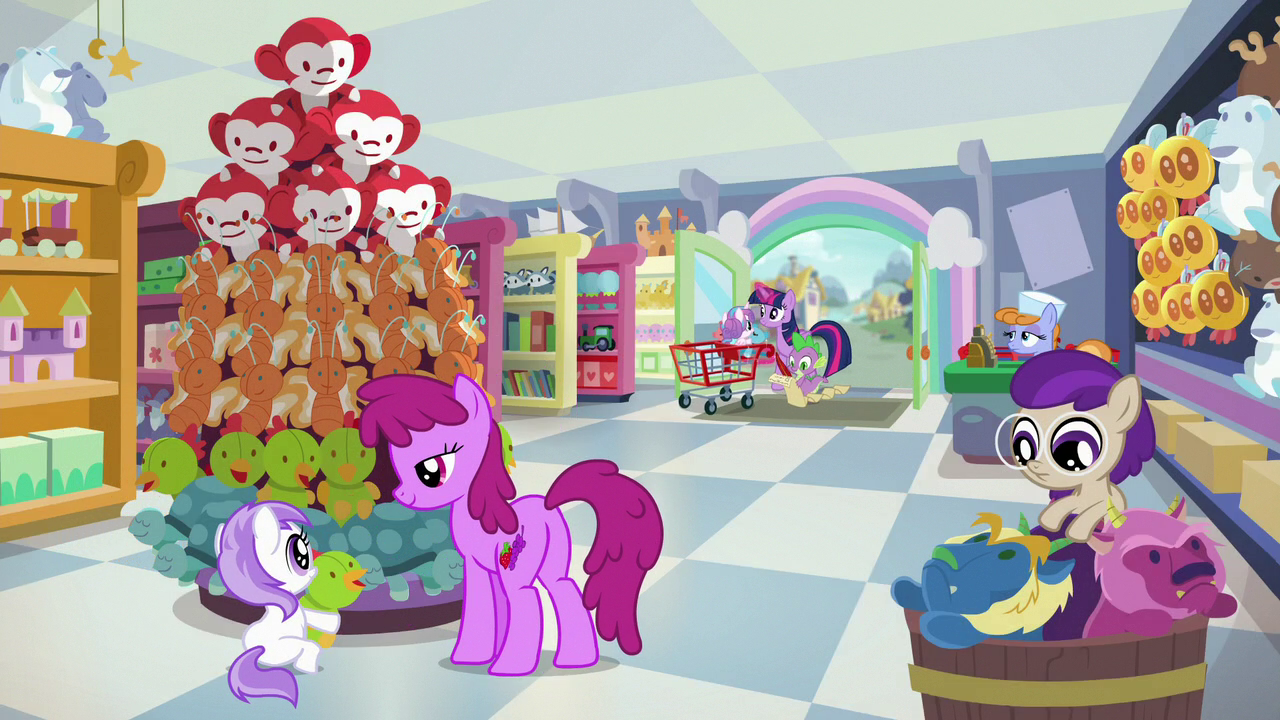 Image - Twilight, Spike, and Flurry enter the toy store 