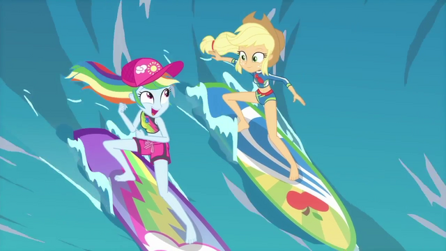 File:Rainbow and Applejack surfing side-by-side EGDS19.png
