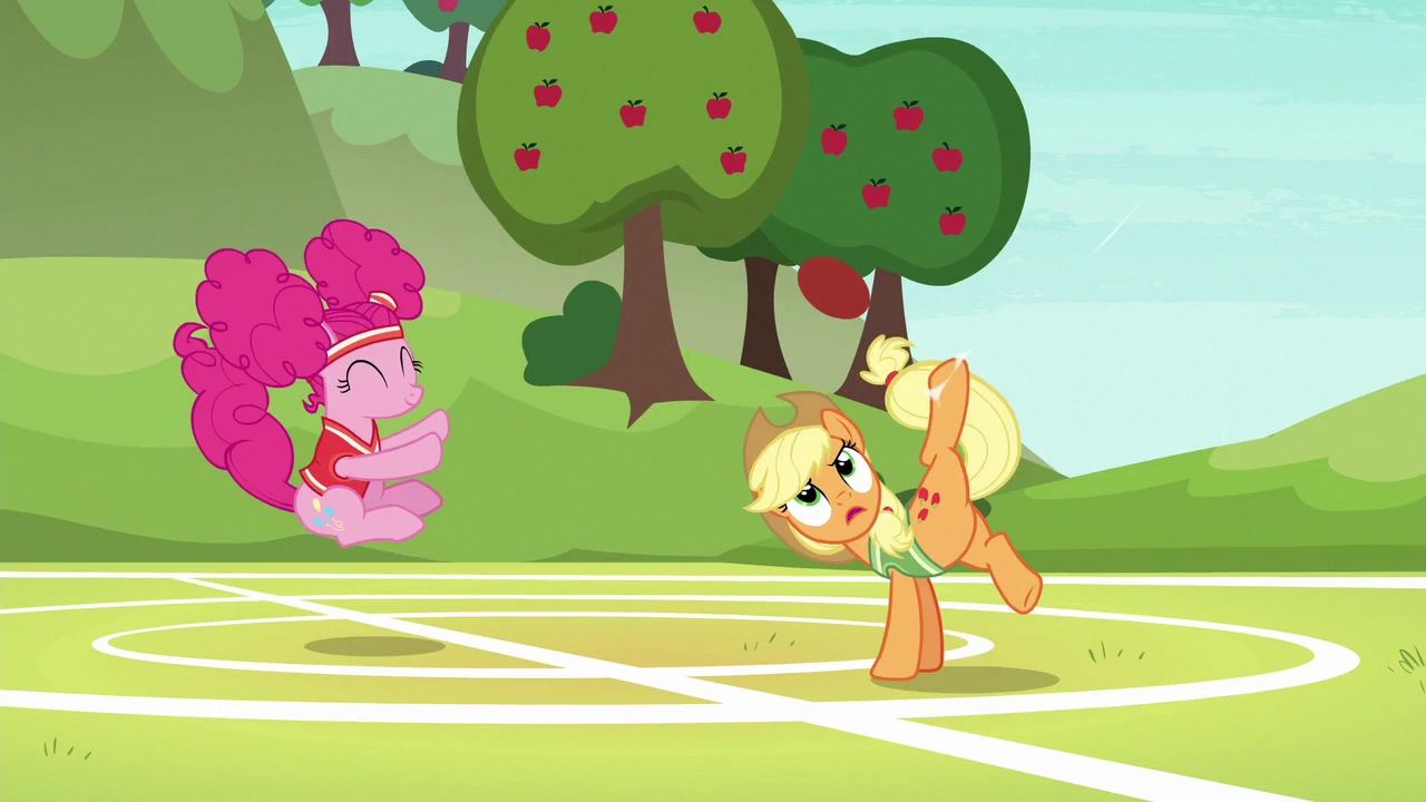 Image Applejack bucks the ball while Pinkie bounces S6E18.png My