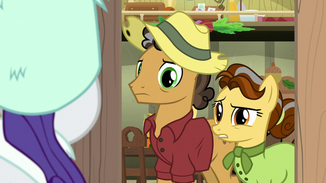 File:Oak Nut and Butternut puzzled by Rarity's appearance MLPBGE.png
