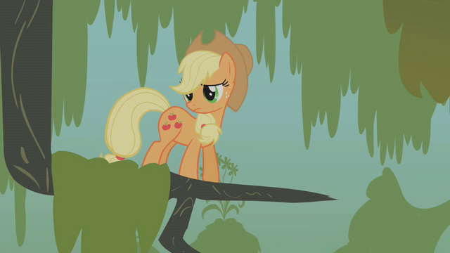 File:Applejack stuck in a tree branch S1E09.png