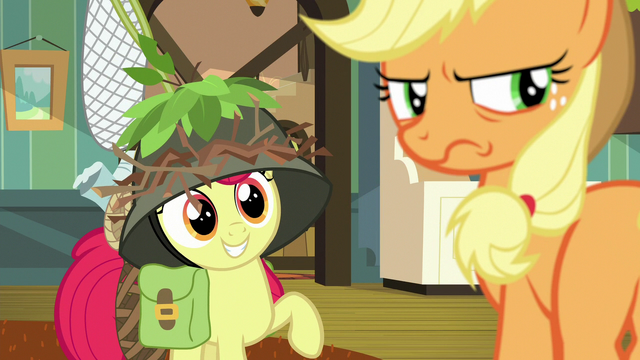 File:Apple Bloom grins; Applejack scowls S9E10.png