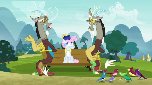 3707 - safe, screencap, character:discord, species:draconequus, episode:the  return of harmony, g4, my little pony: friendship is magic, animated,  chaos, cropped, discord being discord, discorded landscape, gif, green sky,  leg wiggle, male, reaction