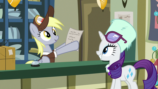 File:Derpy finds Rarity's mail order MLPBGE.png