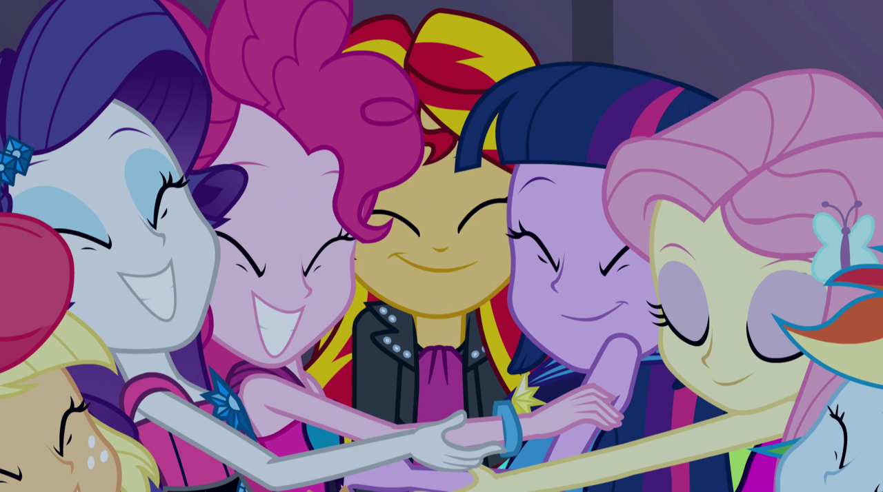 Image - Group hug around Sunset Shimmer EG2.png | My Little Pony