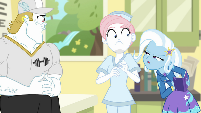 File:Trixie looking suspicious at Nurse Redheart EGFF.png