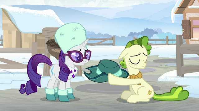 File:Pistachio giving the hat back to Rarity MLPBGE.png