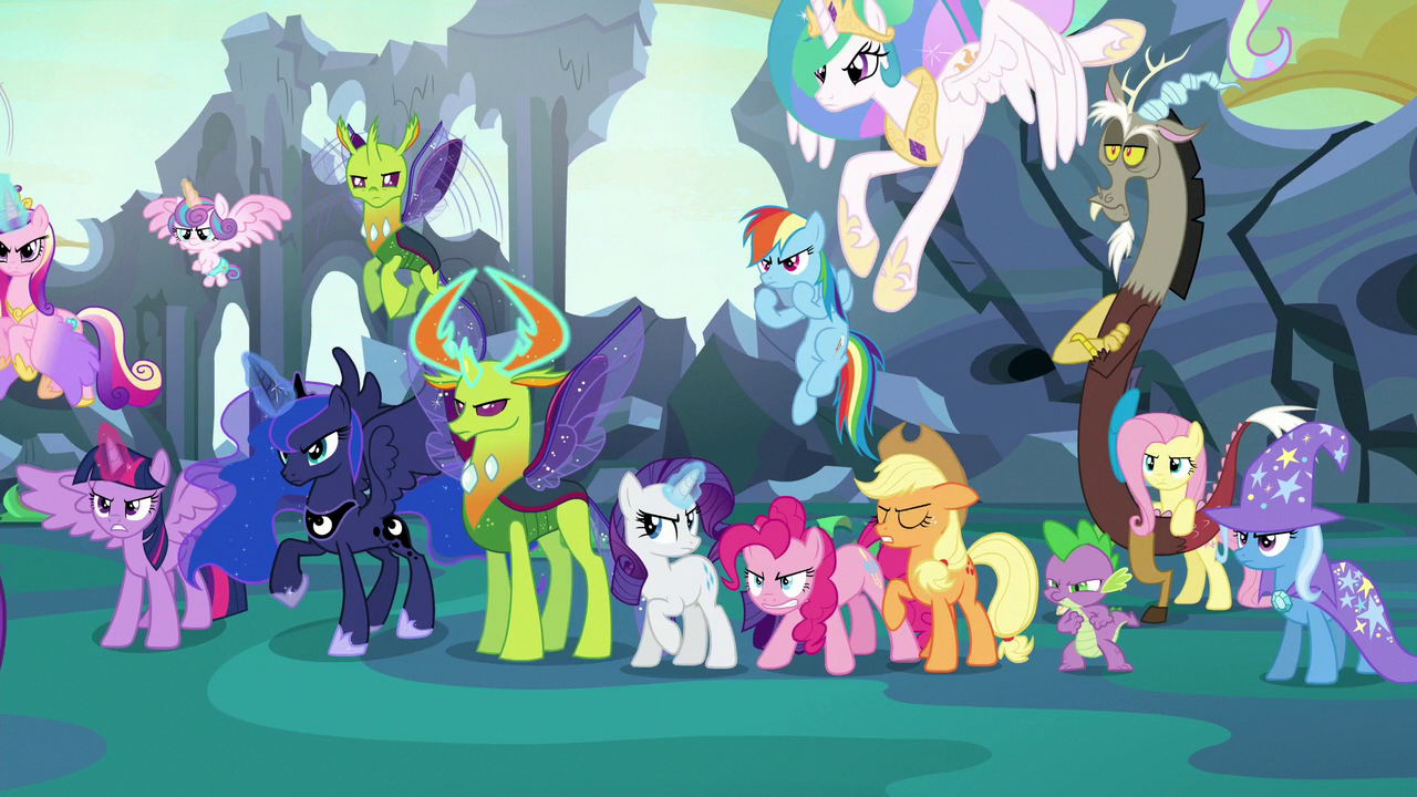 Image - Ponies, changelings, Spike, and Discord opposing 