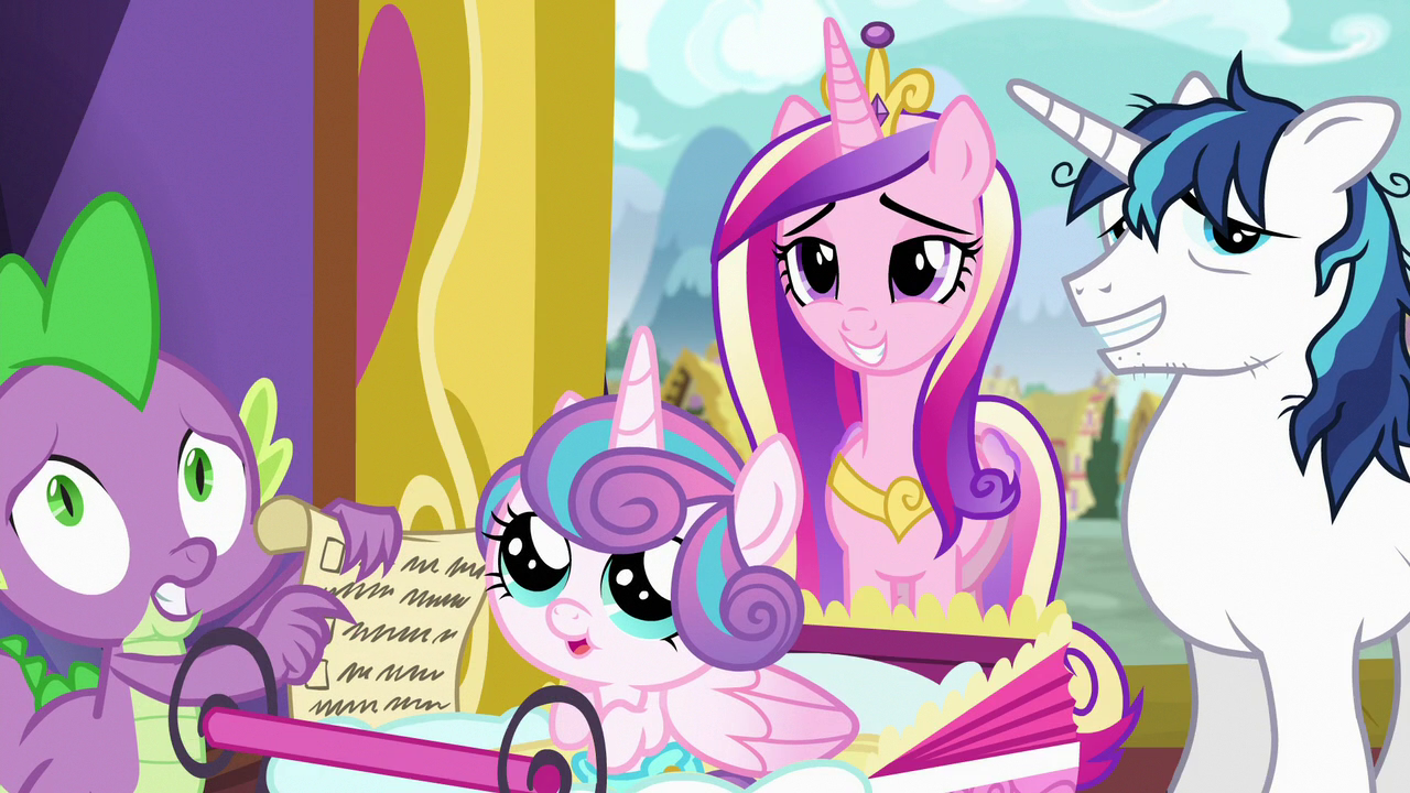 Image - Spike, Flurry, Cadance, and Shining Armor look at 