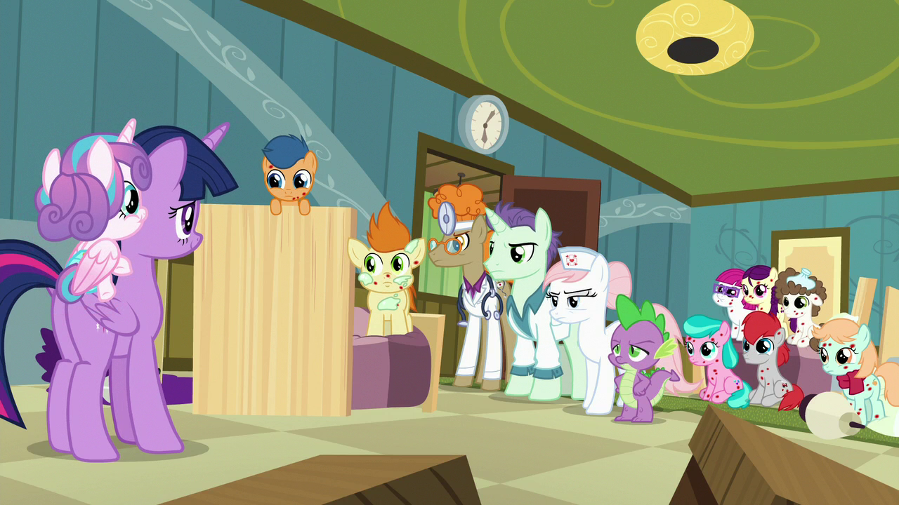 Image - Spike, foals, and doctors look at Twilight and 