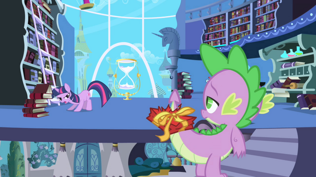 File:Twilight asks Spike to look for "Predictions and Prophecies" book S1E01.png