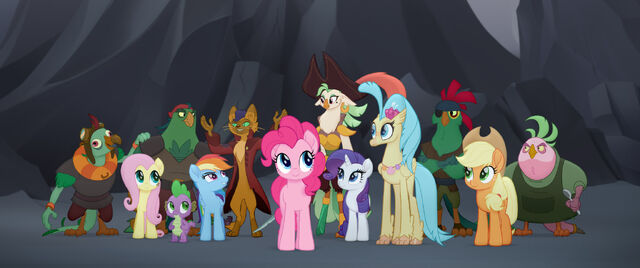 File:Mane six with hippogriff Skystar, Capper and the Pirate Parrots MLPTM.jpg