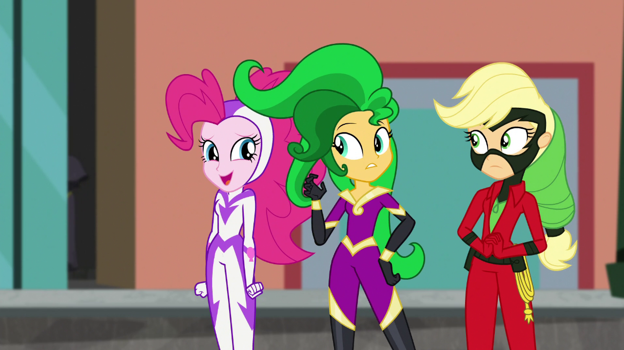 Image - Pinkie, Sunset, and AJ in Power Ponies costumes 