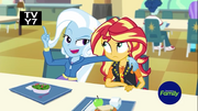 Trixie and Sunset in cafeteria