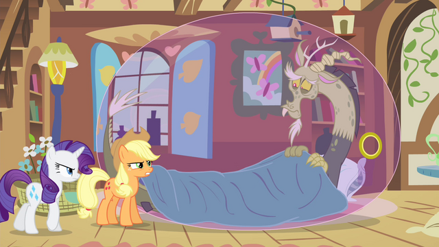 File:Applejack and Rarity looking at sick Discord S4E11.png