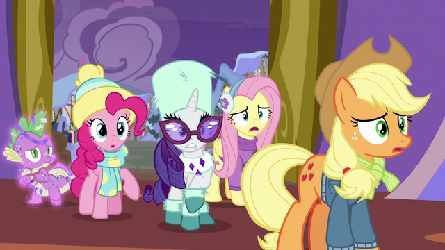 File:Ponies and Spike curious about commotion MLPBGE.png