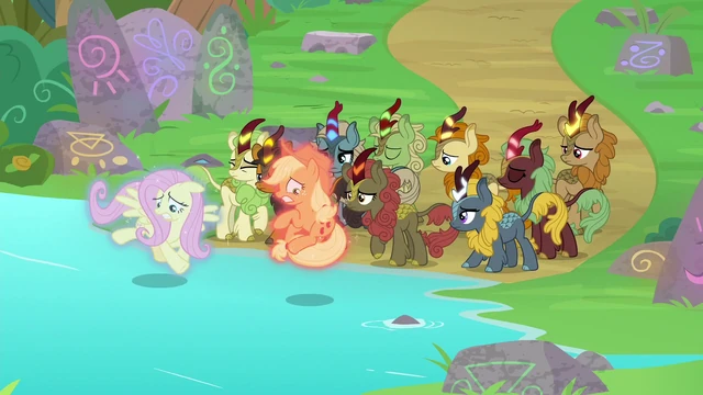 File:Fluttershy and AJ about to touch the water S8E23.png