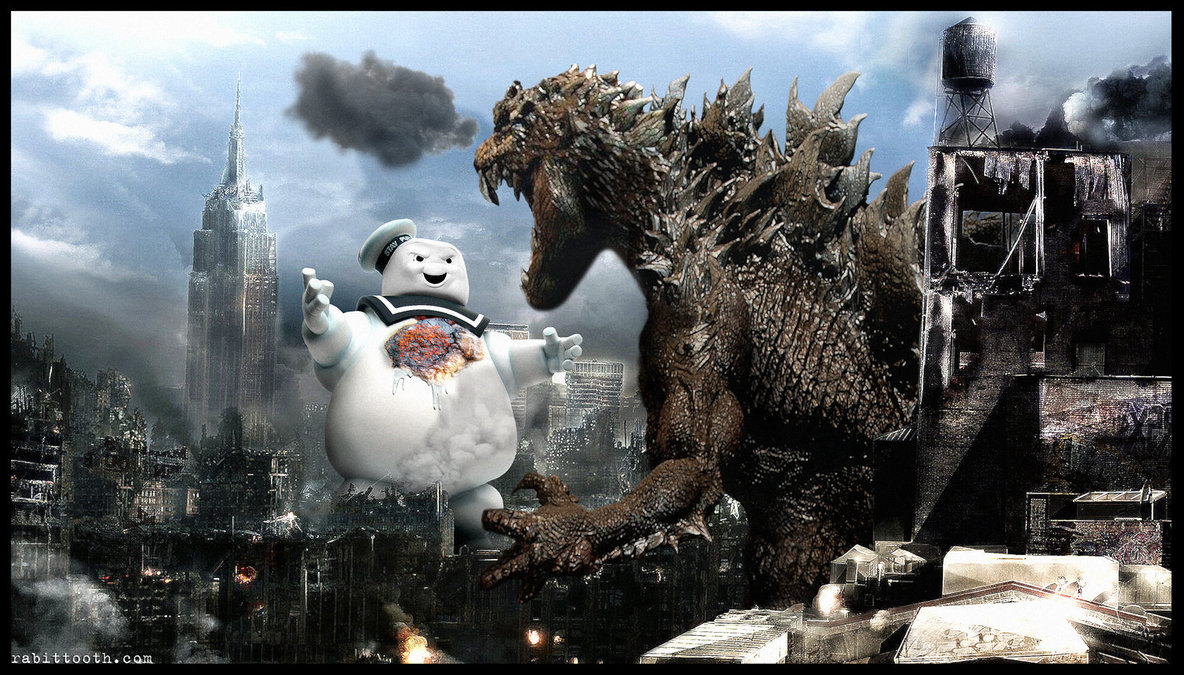 Godzilla vs the stay puft marshmallow man by rabittooth-d4pxpro