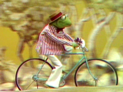 frog riding bicycle