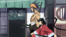 Jinbei walking by Shungiku side as his student