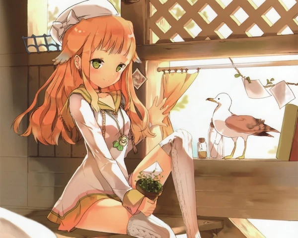 Image Indoors Long Hair Plants Pot Green Eyes Thigh Highs Seagulls