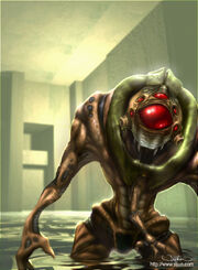 A Vortigaunt moves through a flooded room. This Vortigaunt has five eyes above the dominant eye instead of three, and is wearing a green collar around its neck.