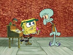 SpongeBob writing Squidward's letter