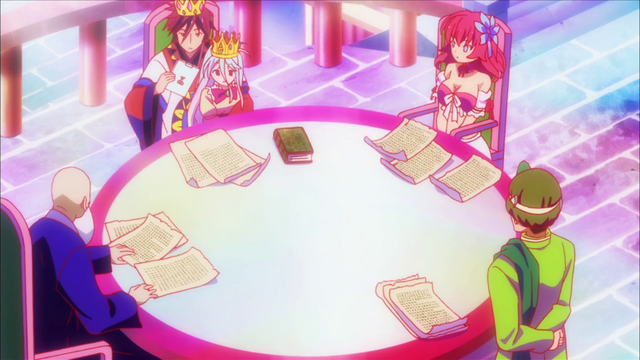 File:Sora, Shiro, Steph and Elderly Official discussing Elchea matters.png