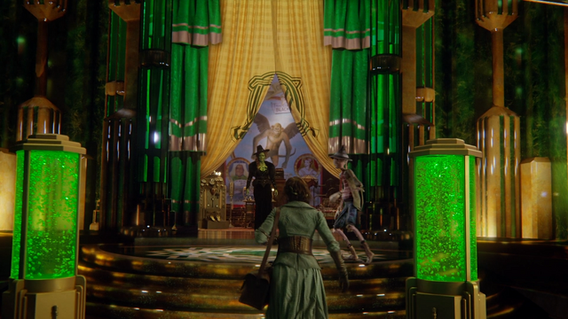 Fichier:5x16 Zelena Méchante Sorcière de l'Ouest Dorothy Gale Épouvantail arrivée retour salle rideaux Palais Cité d'Émeraude intervention interruption irruption.png