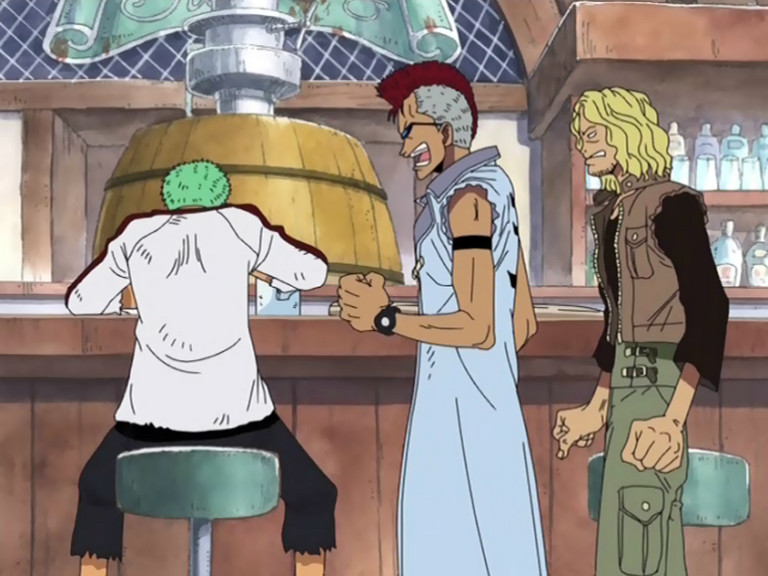 One Piece Johnny And Yosaku Bild - Johnny und Yosaku beschweren sich bei Zoro, weil er ihr Ziel