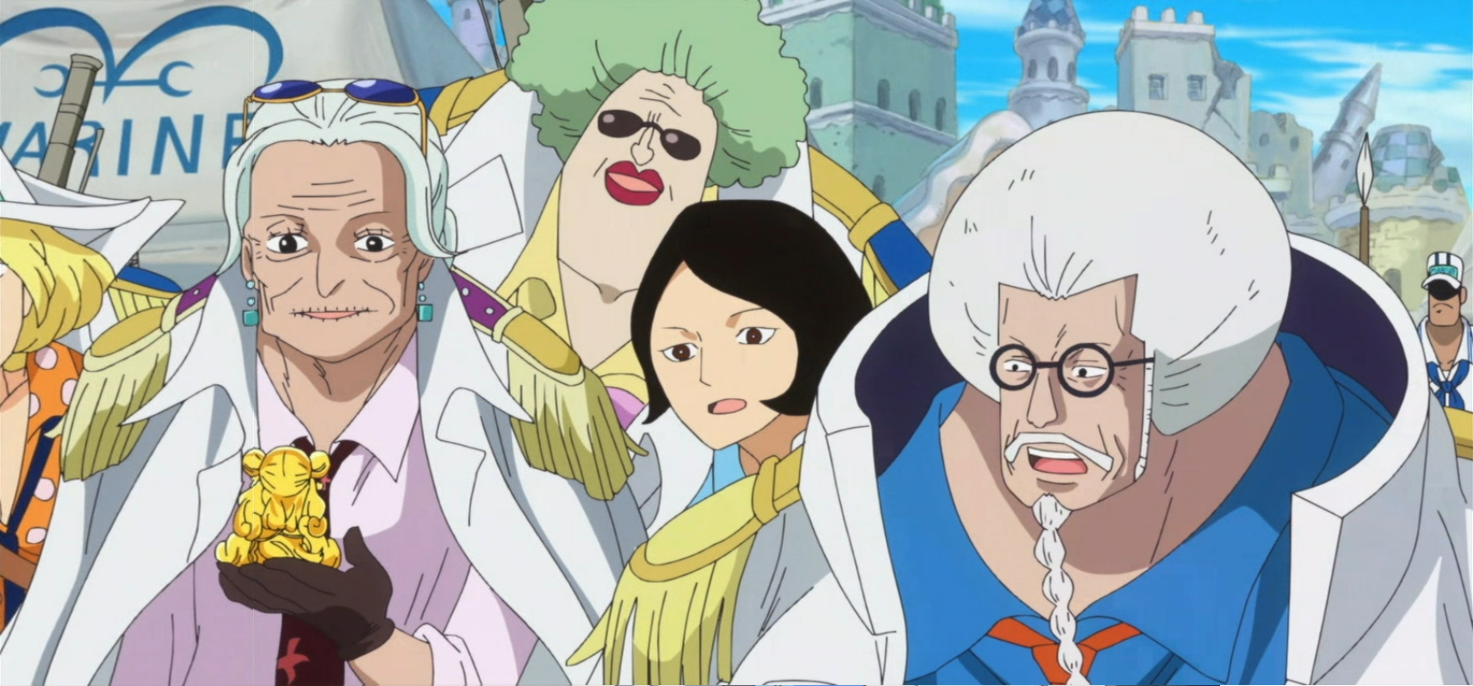 Imagen Tsuru y Sengoku conocen a Mansherry.png One Piece Wiki