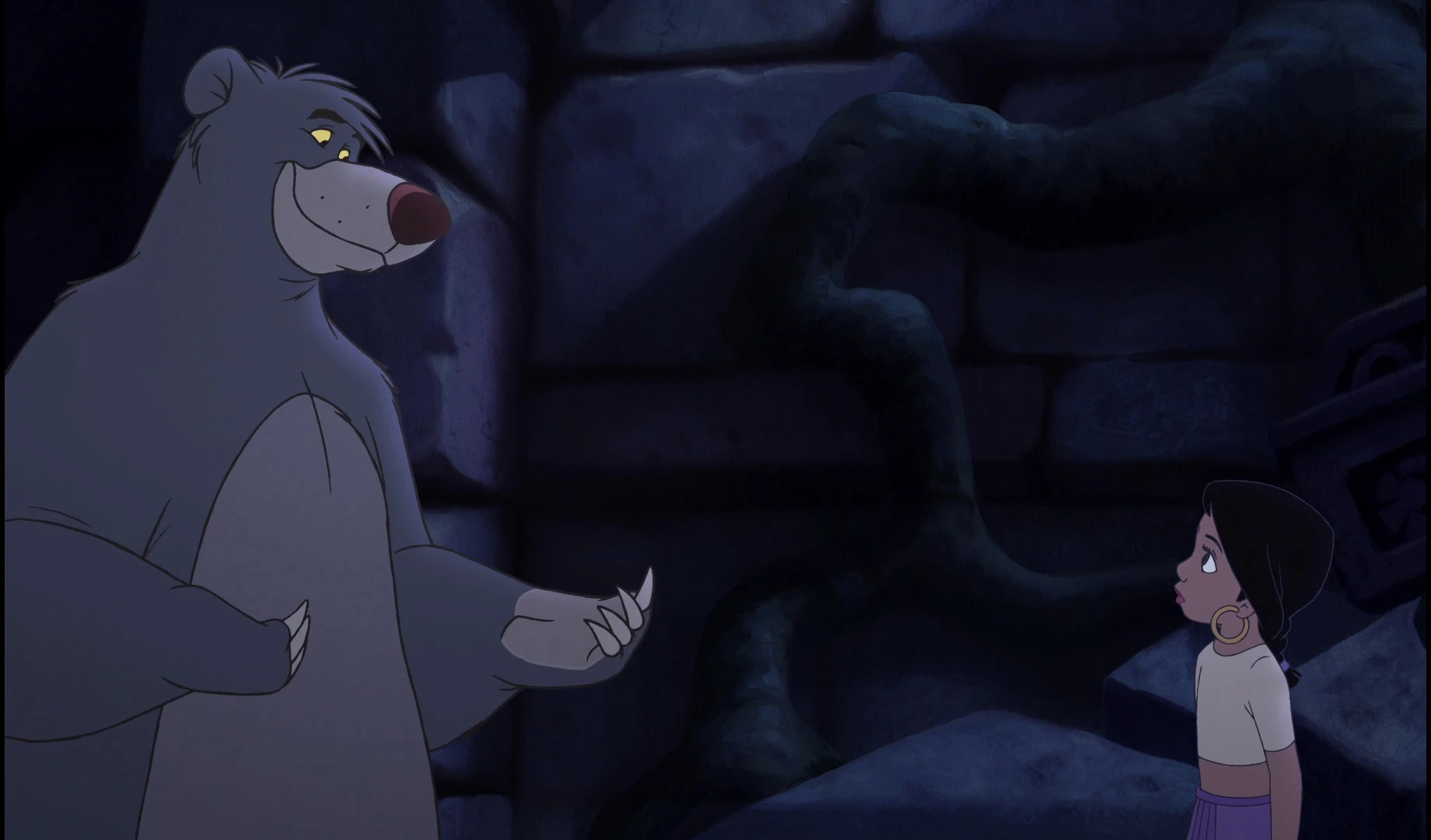 Image Baloo and Shanti putting their differences aside to save Mowgli