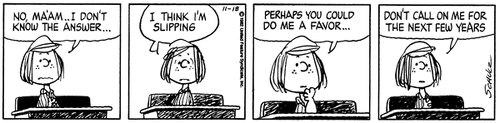 A strip with Peppermint Patty agonizing over being called on by the teacher