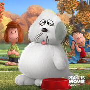A cartoon dog with white fur and grey ears
